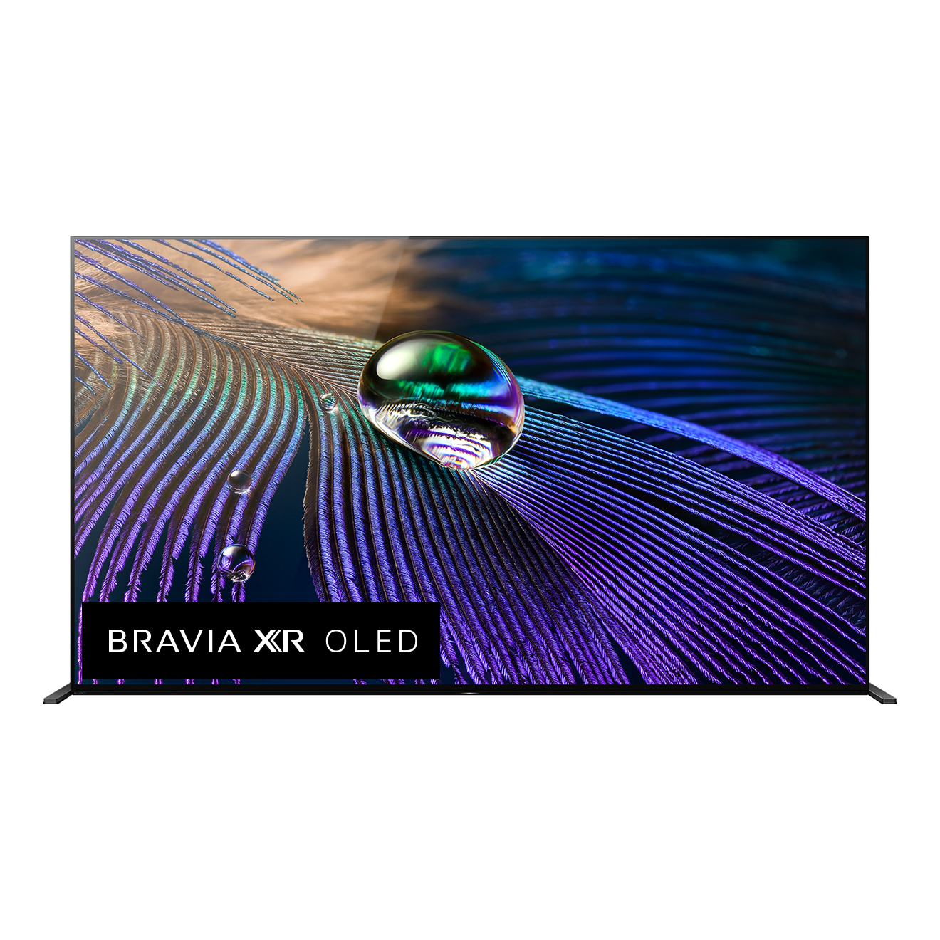 TV-Bildschirm mit Wassertropfen und farbenfrohem Federdesign, Text: BRAVIA XR OLED.