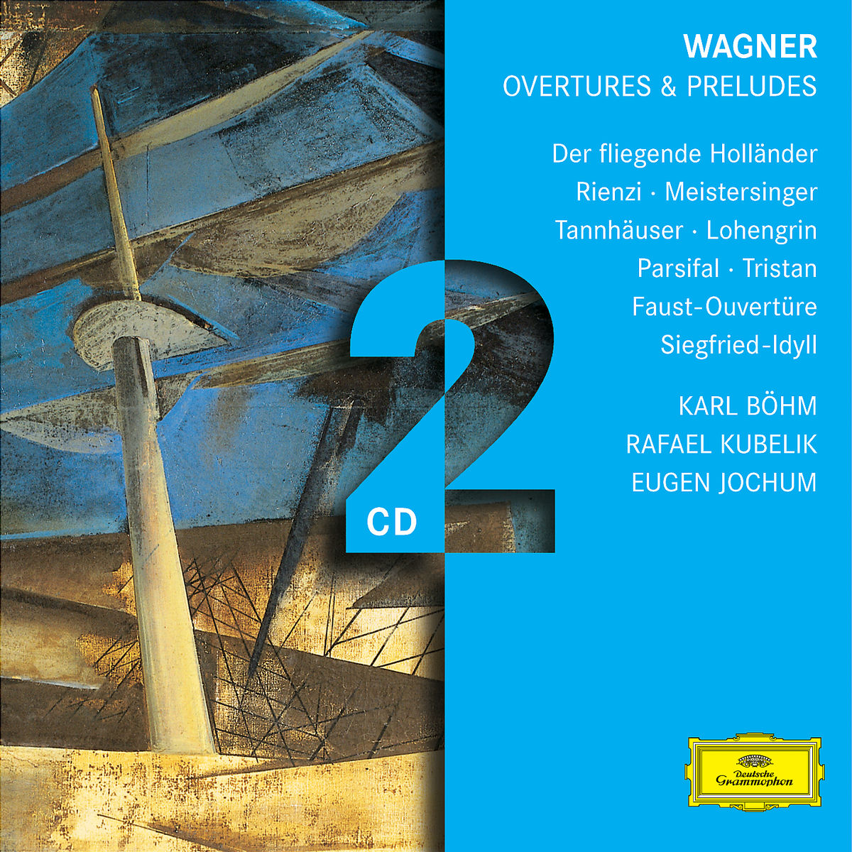 CD-borító a 'Wagner Overtures & Preludes' címmel. Kék háttér egy hajó illusztrációjával.
