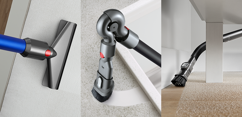 Dyson elektrikli süpürge başlıklarının yakın çekimleri: fırça, açılı başlık ve aralık başlığı.