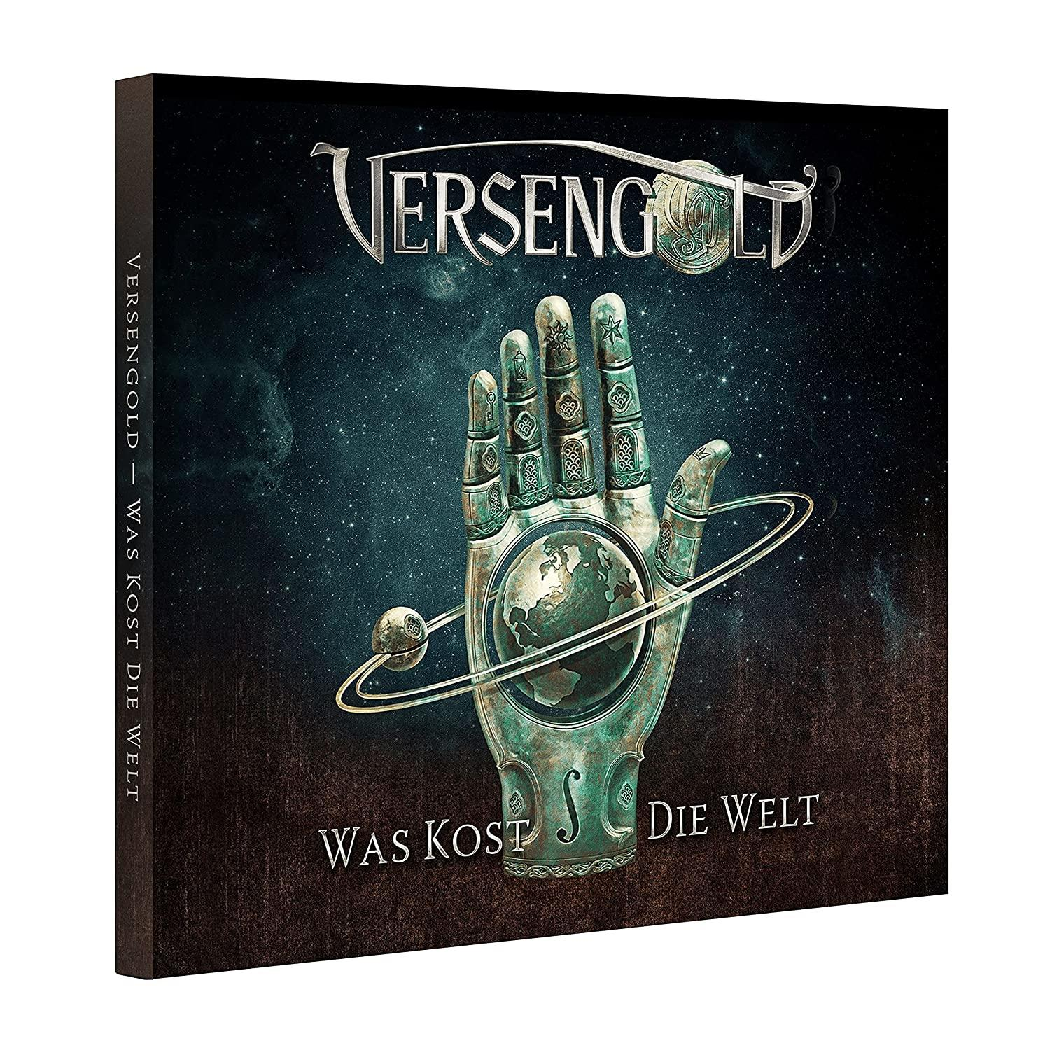 Albumcover mit Roboterhand, die eine Weltkugel mit Ring hält.
