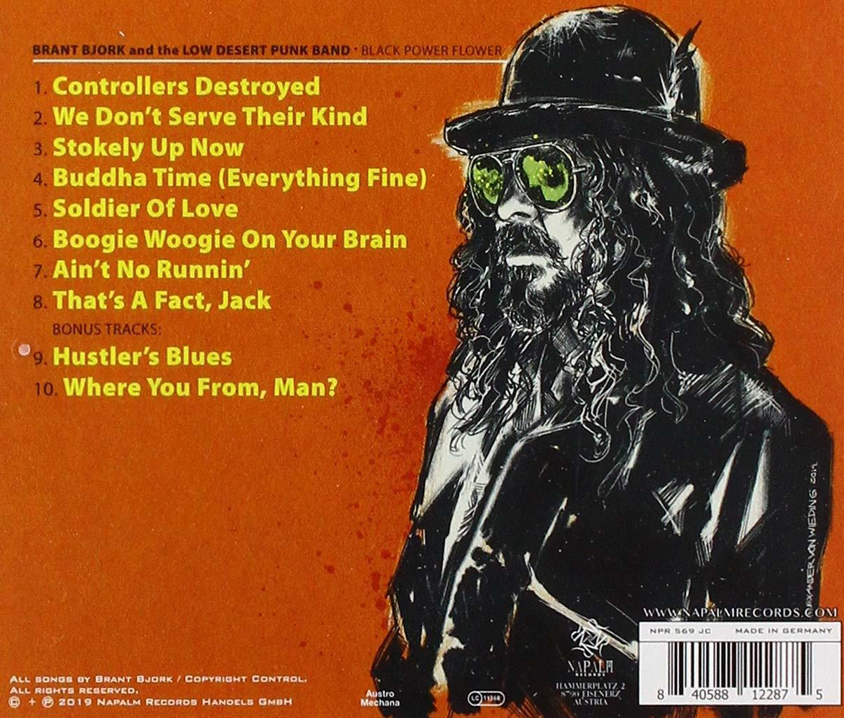 CD-Rückseite mit Titelliste, Künstlerfoto mit Brille und Text auf schwarzem Hintergrund.