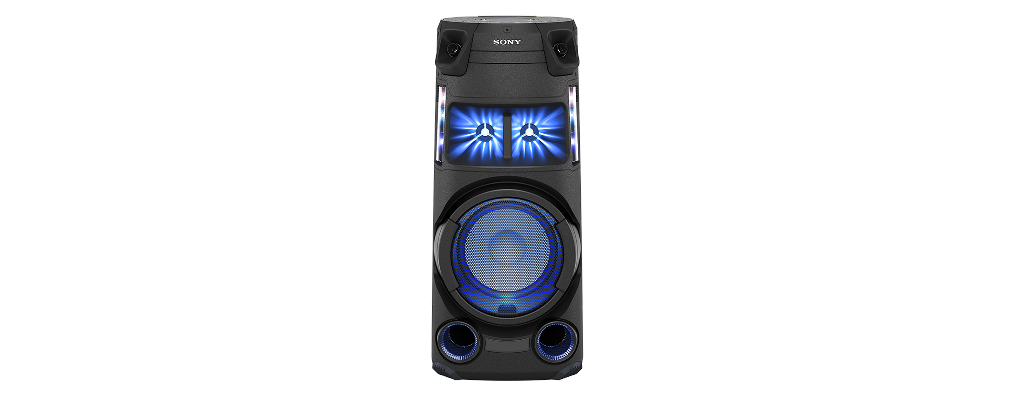 Zwarte Sony-luidspreker met blauwe lichten op een zwarte achtergrond.