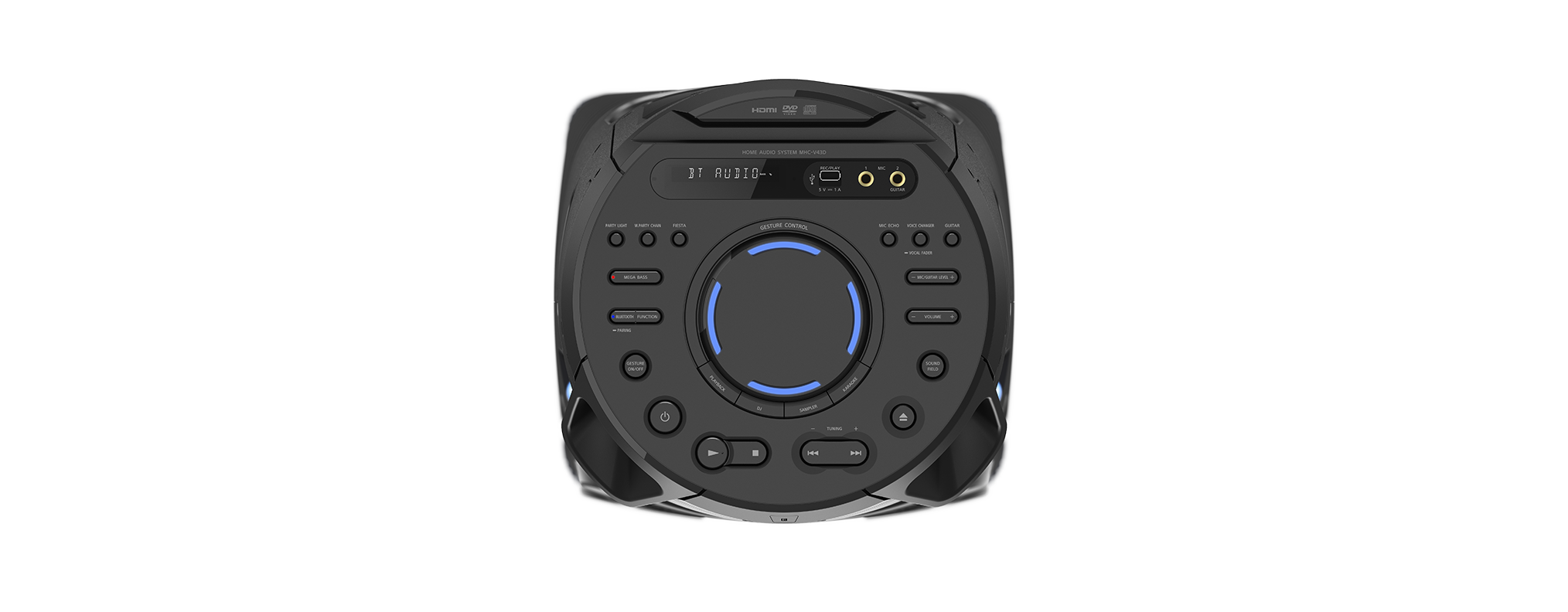 Een zwart Sony audiosysteem met knoppen, een centrale draaiknop en een display.