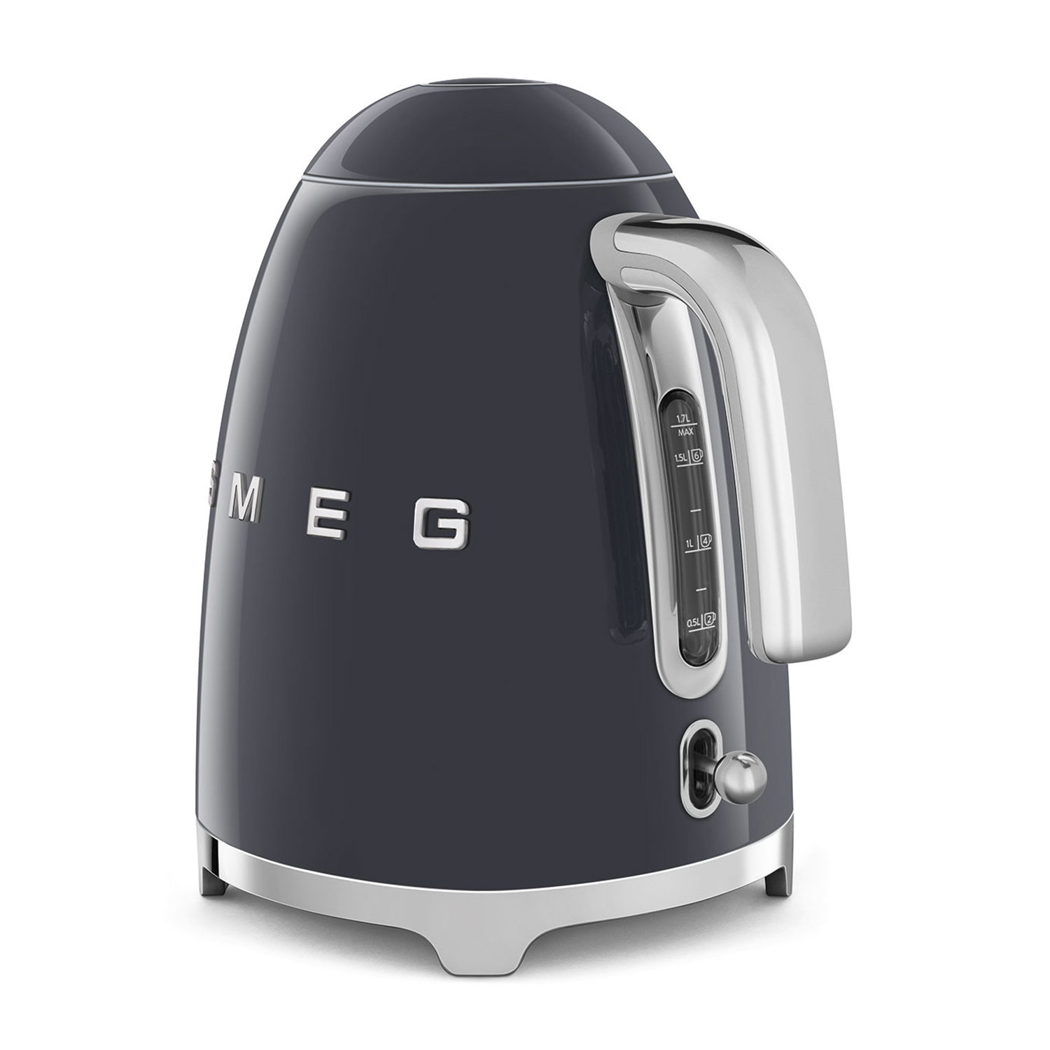 Bollitore SMEG grigio scuro, vista laterale, con dettagli argentati e indicatore del livello dell'acqua.