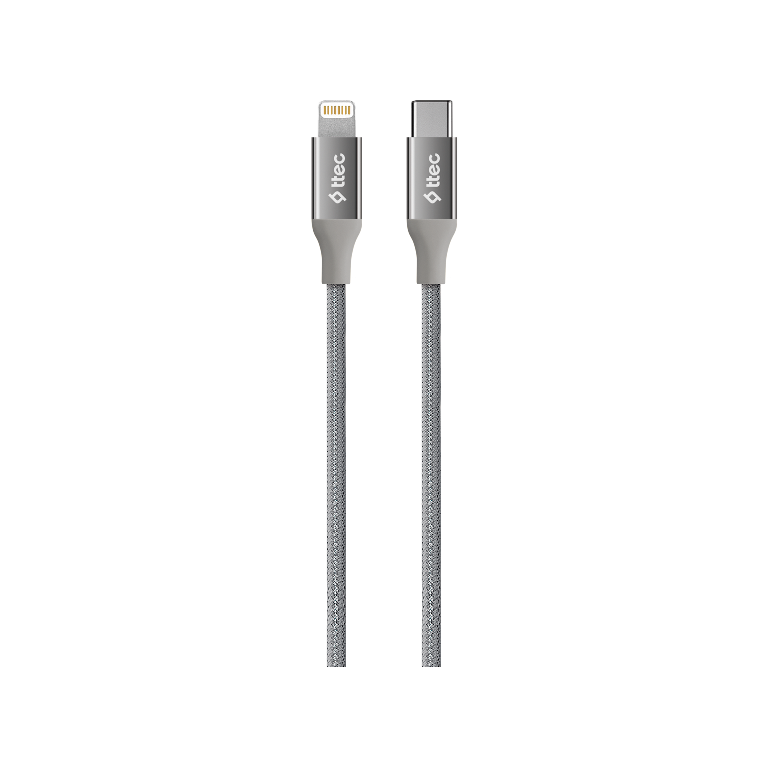 Lightning - USB-C kablosu, gri, siyah zemin &uuml;zerinde.