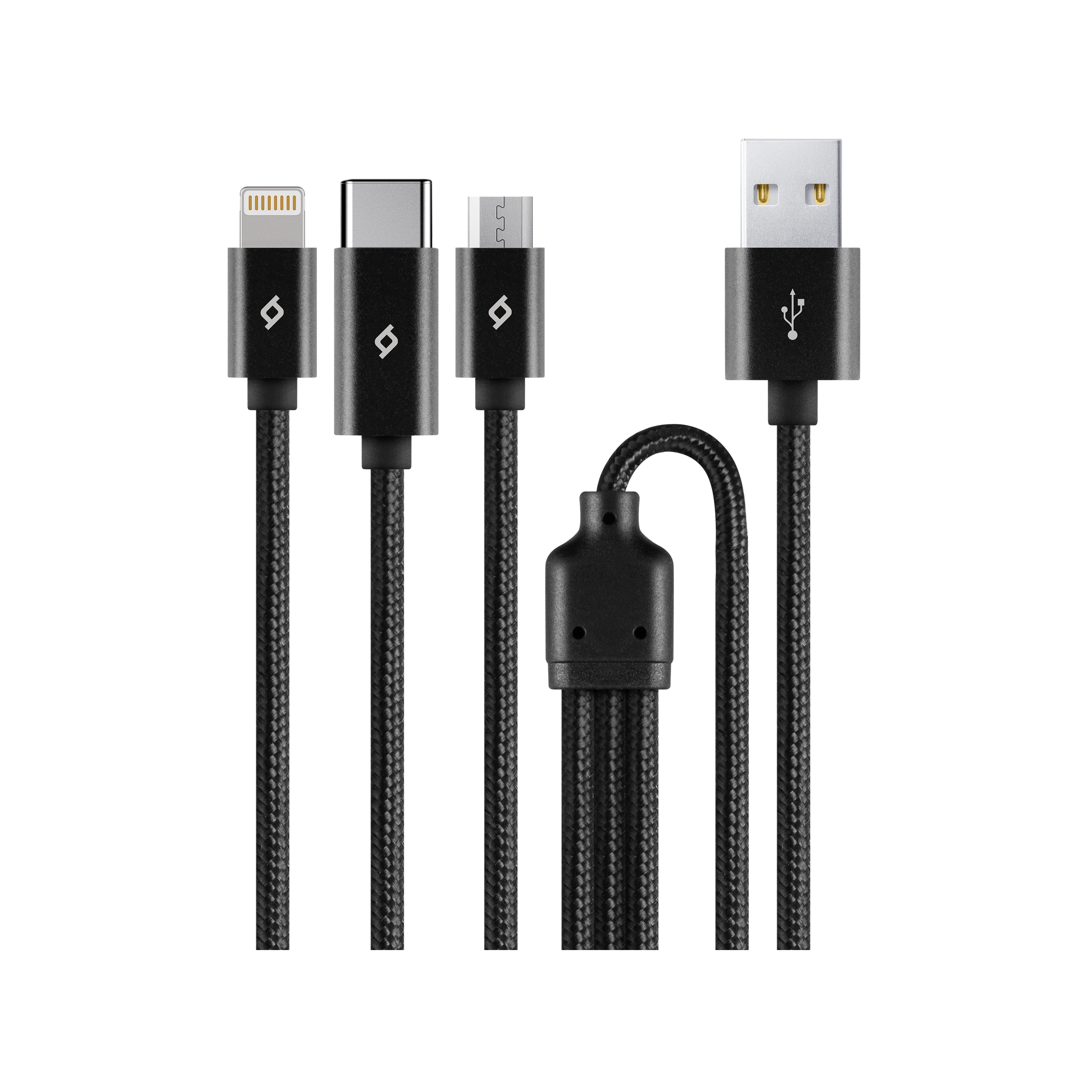 Farklı konektörlere sahip dört siyah USB kablosu.