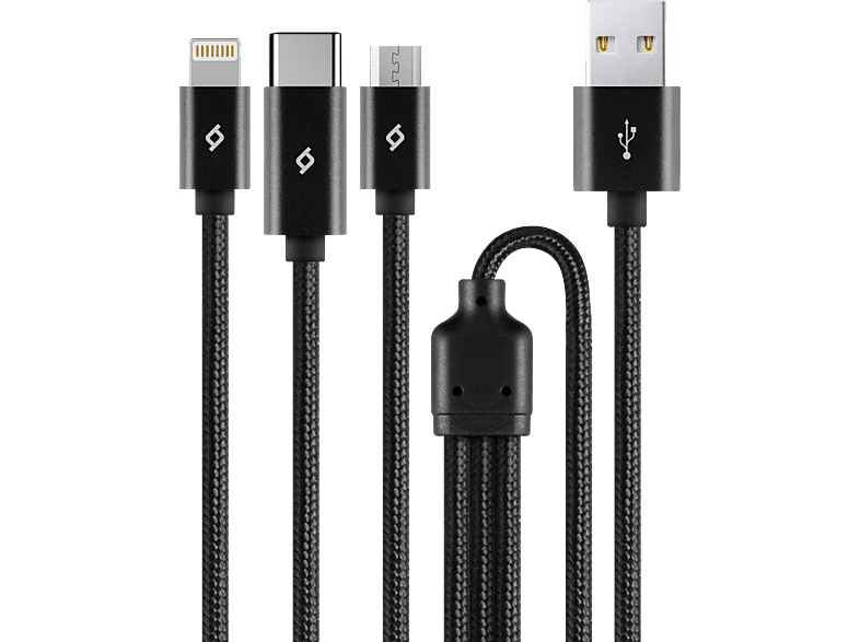 TTEC 2DK39S  AlumiCable Trio Şarj Kablosu 1 m USB-A - USB-C / Lightning / Micro USB  Siyah