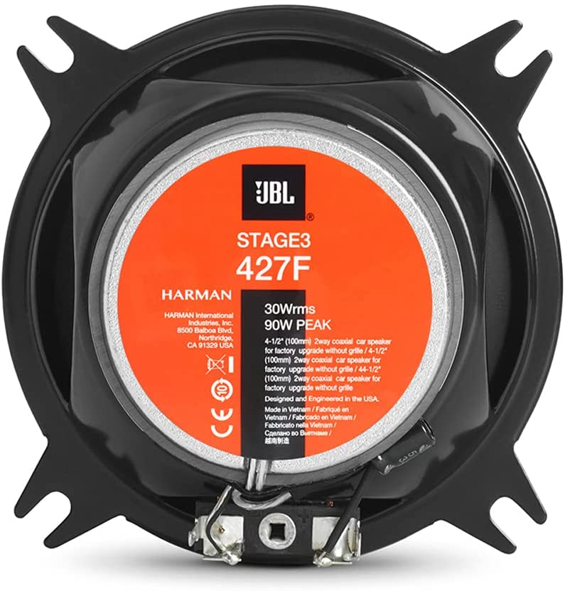JBL speaker component. Black frame, orange center with text, metal terminals visible.