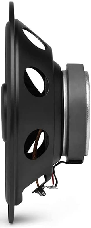 Black speaker with side view, showing a cone and internal wiring.