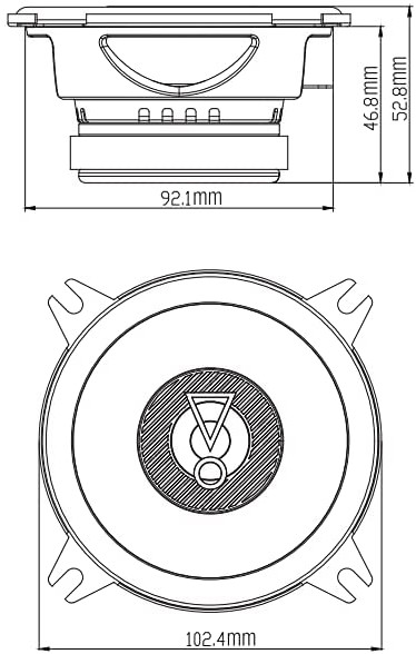 Technical drawing of a speaker, with dimensions and internal details outlined.