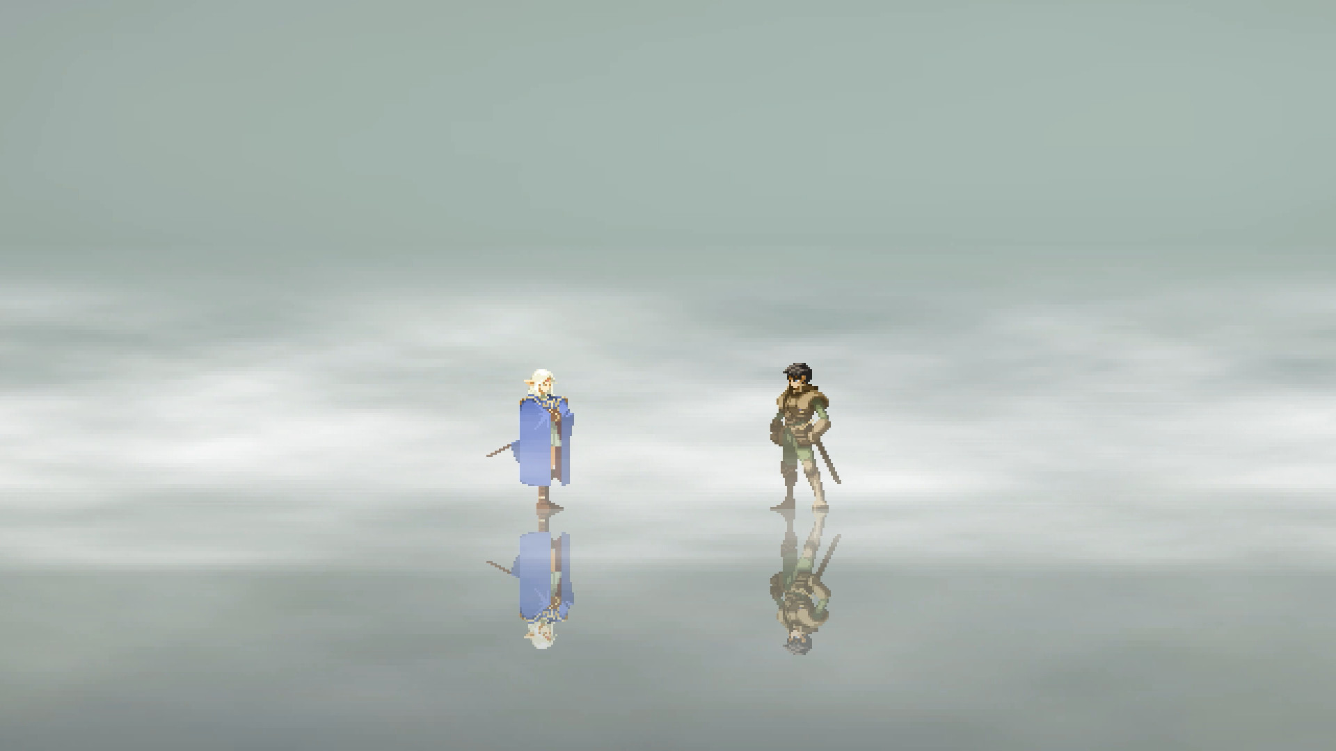 Deux personnages pixélisés debout dans un environnement flou et nuageux.