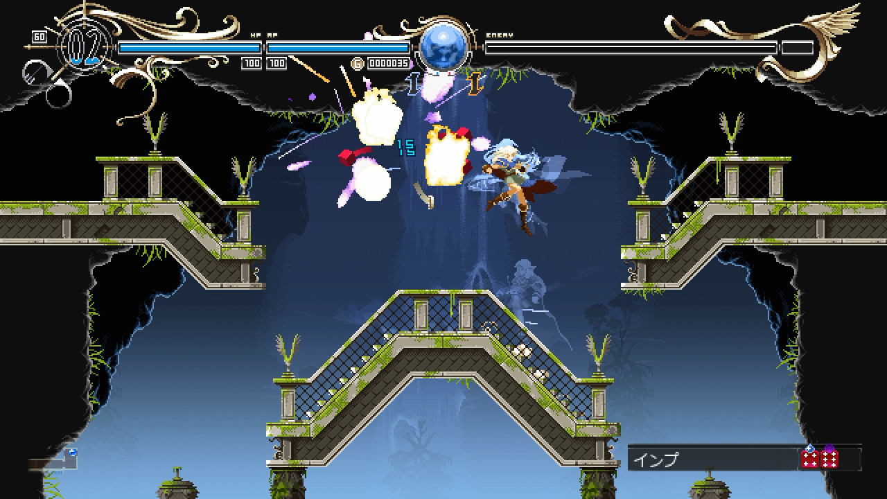 Scène de jeu en pixel art avec un personnage combattant. Explosions et plateformes visibles.