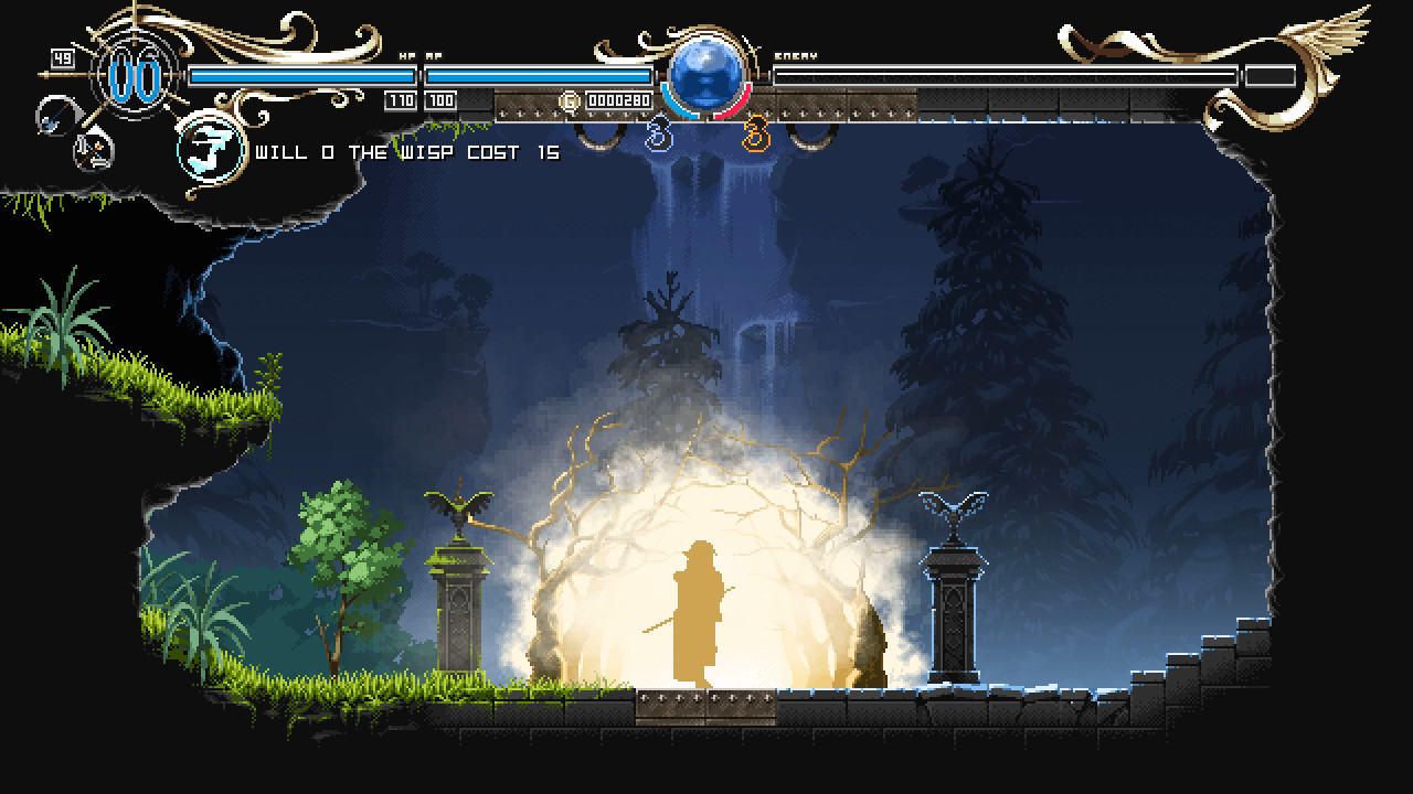 Écran de jeu vidéo pixélisé avec une silhouette.