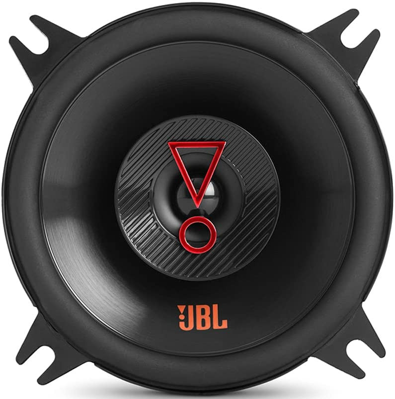 Zwarte JBL-luidspreker. Voorzien van een centrale rode driehoek en een JBL-logo. Vier montagepunten aan de zijkanten.