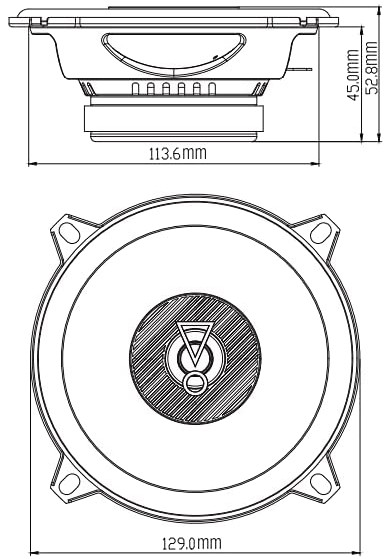 Diagram van een luidspreker, met metingen en afmetingen gelabeld voor de boven- en vooraanzichten van een luidspreker.
