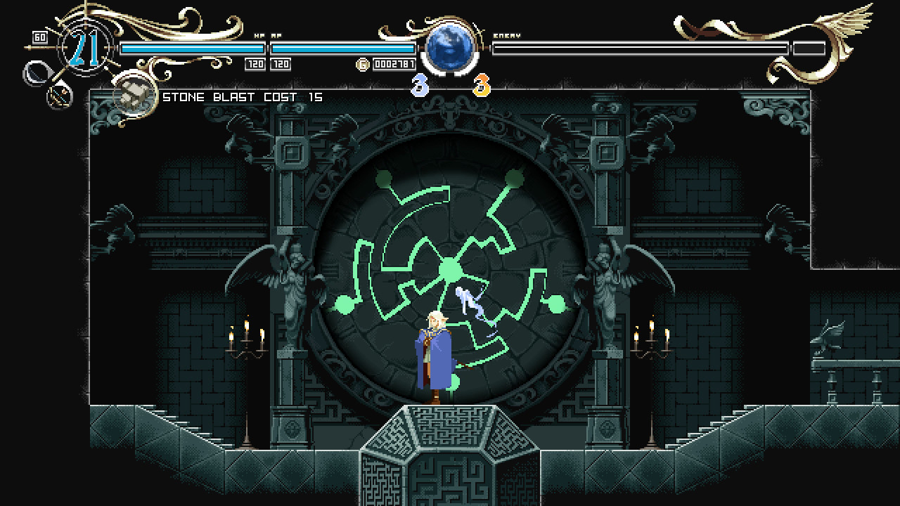 Scène de jeu pixélisée. Personnage bleu devant un portail, fond de château.