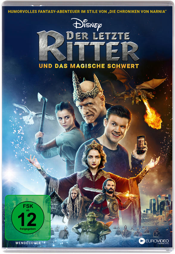 Filmcover mit mehreren Schauspielern, Titel auf Deutsch. Ein Fantasy-Thema mit Drache und Schwert.