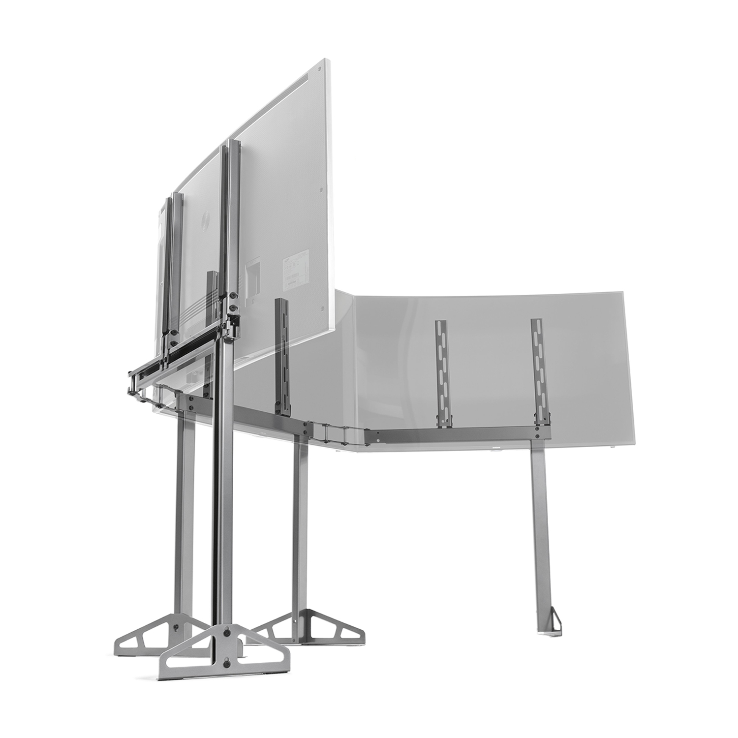 Supporto per display argento e bianco. Due schermi montati, uno a 90 gradi. Sfondo bianco.