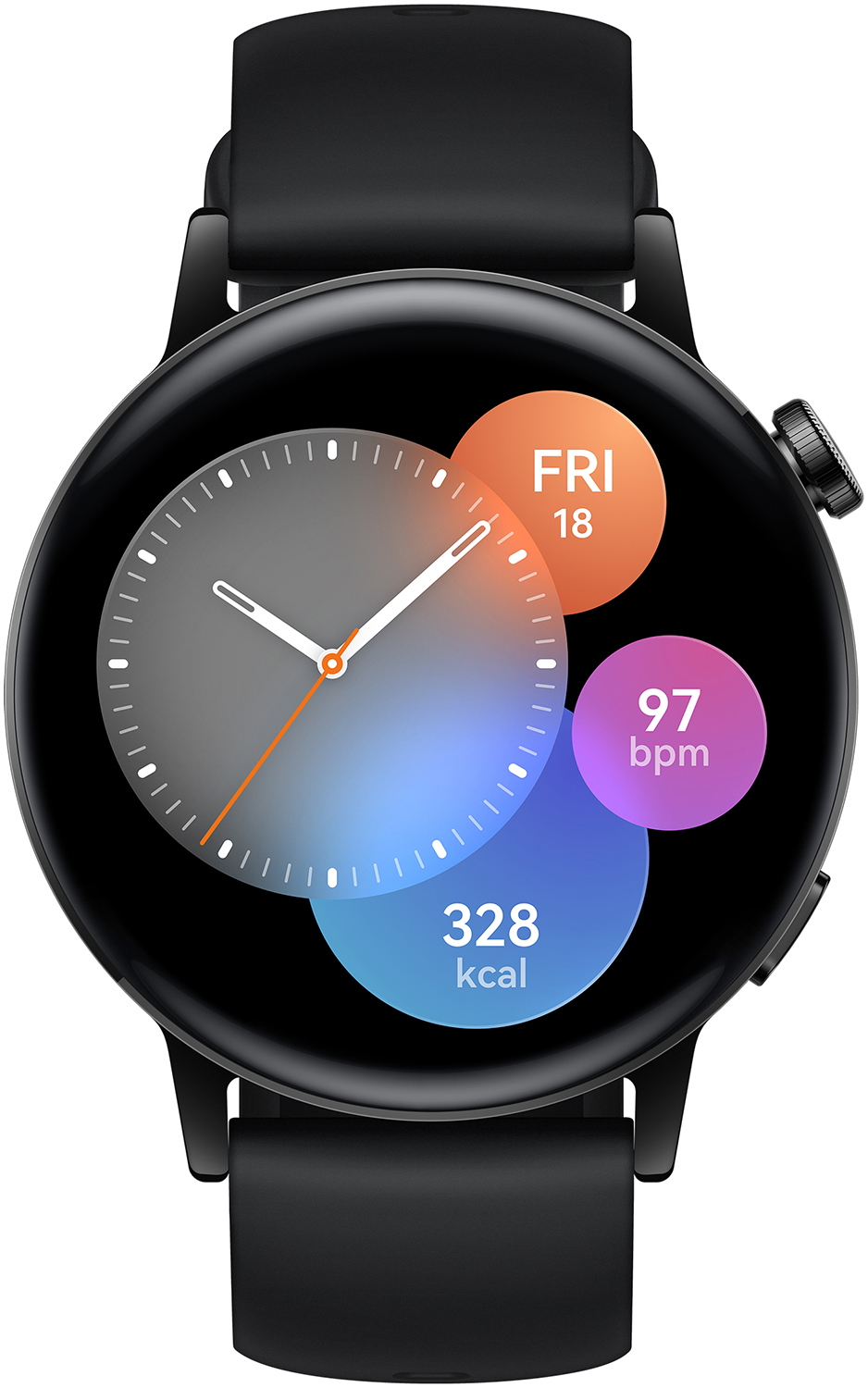 Zwarte smartwatch met een cirkelvormig display. Het toont de datum, tijd, stappen en hartslag.