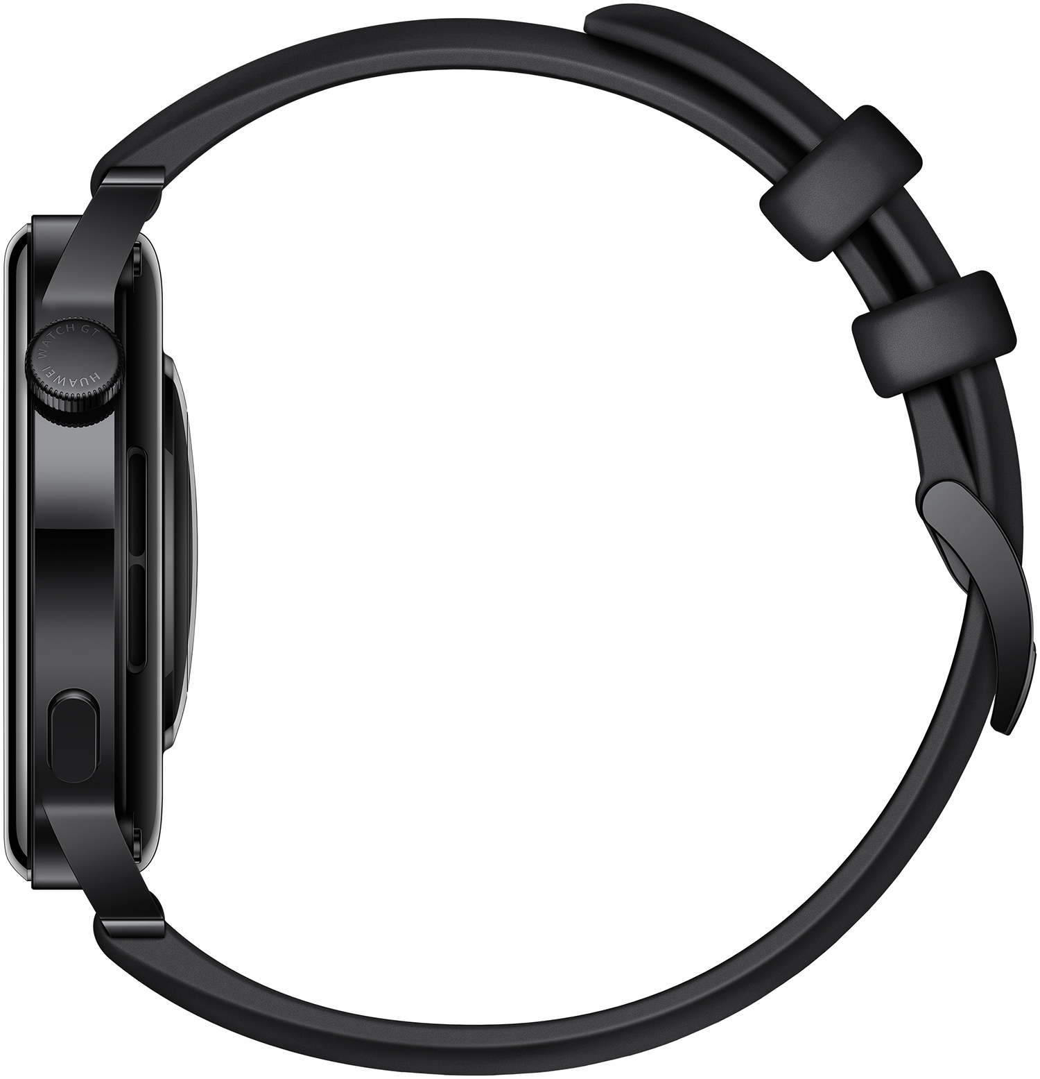 Zwarte smartwatch met zwarte band, zijaanzicht, zwarte achtergrond.