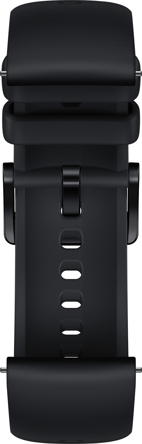 Close-up van een zwarte smartwatch-band met meerdere gaten en een gesp.