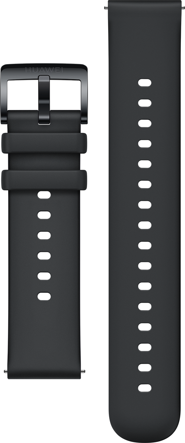 Een zwarte smartwatch band en gesp. De band is lang en heeft veel gaten.