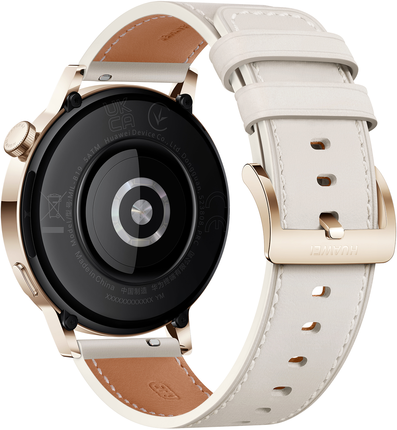 Achteraanzicht van een gouden smartwatch met een witte lederen band en een gouden gesp. Zwarte wijzerplaat.