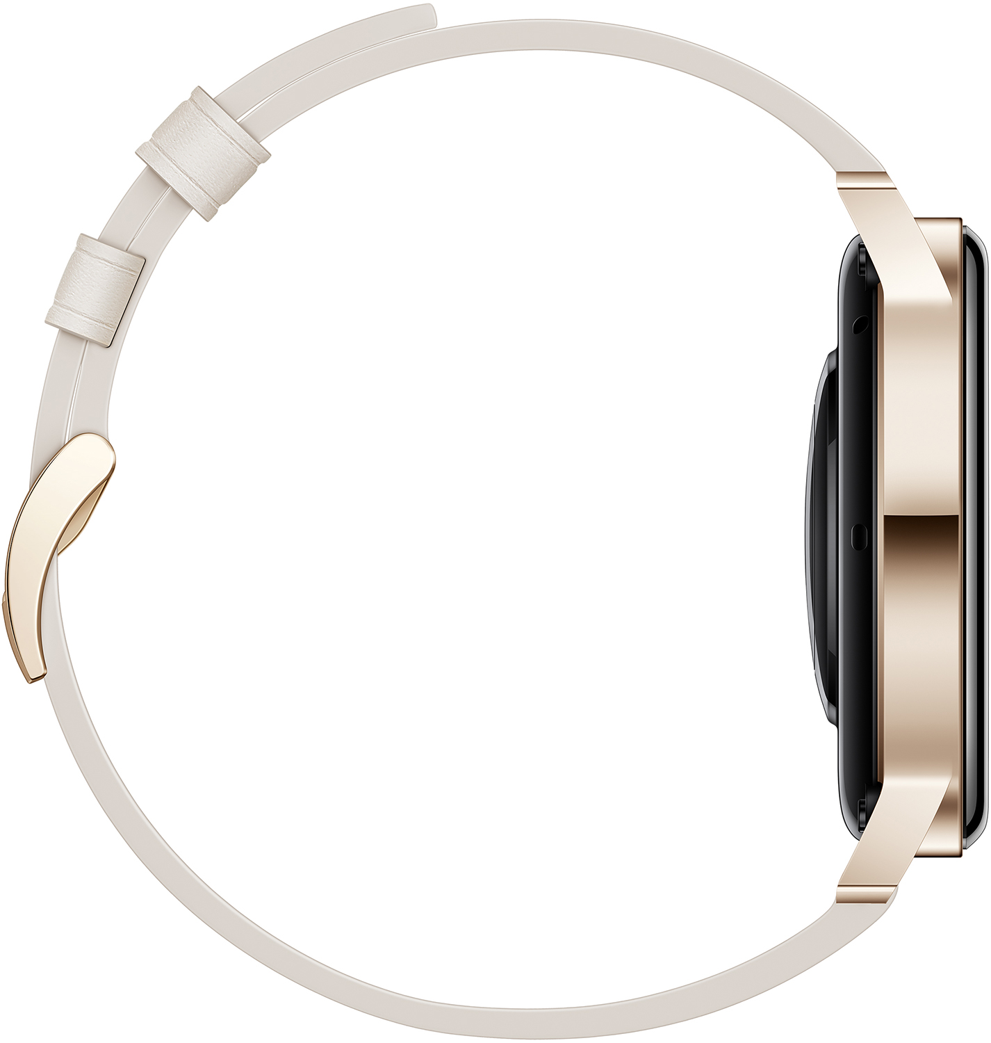 Zijaanzicht van een gouden smartwatch met een lichtgekleurde leren band.