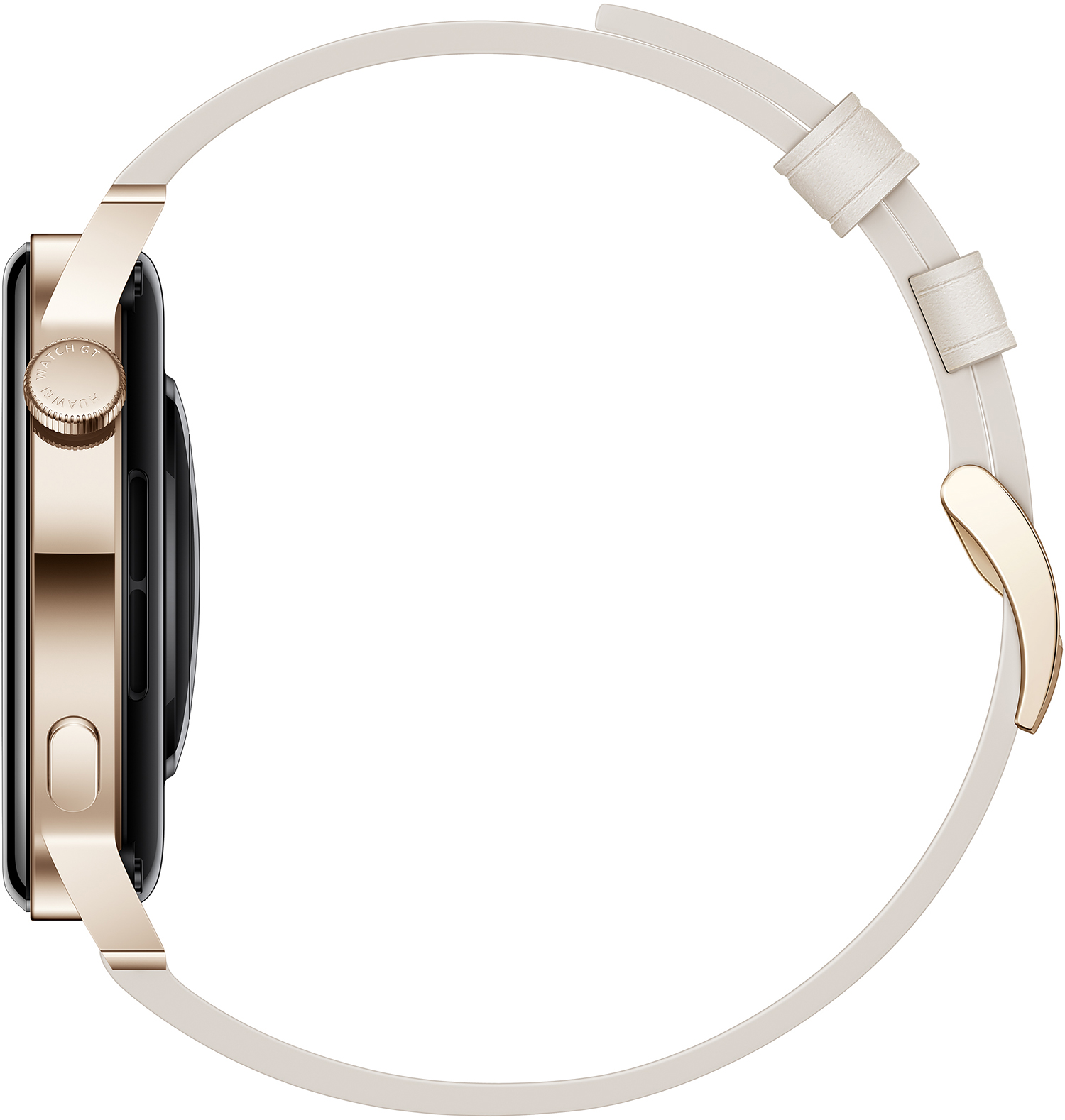 Zijaanzicht van een gouden smartwatch. Crèmekleurige band. Zwarte wijzerplaat. Gouden knop.
