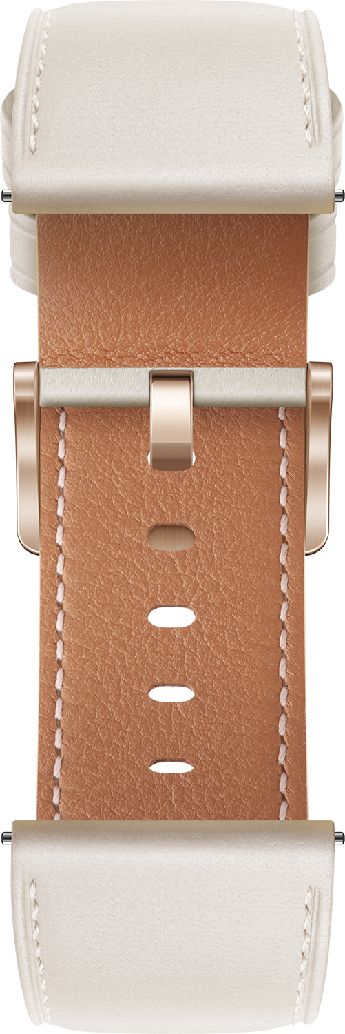 Close-up van een lichtbruine horlogeband met gouden gesp en witte stiksels.