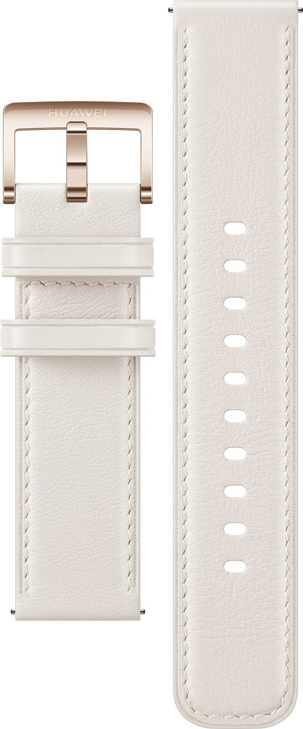 Witte horlogeband met een gouden gesp en stikseldetails, op een witte achtergrond.
