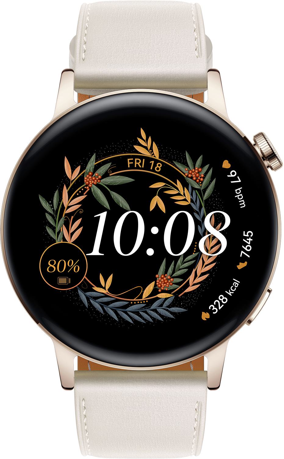 Gouden en witte smartwatch, met tijd, datum en gezondheidsstatistieken.