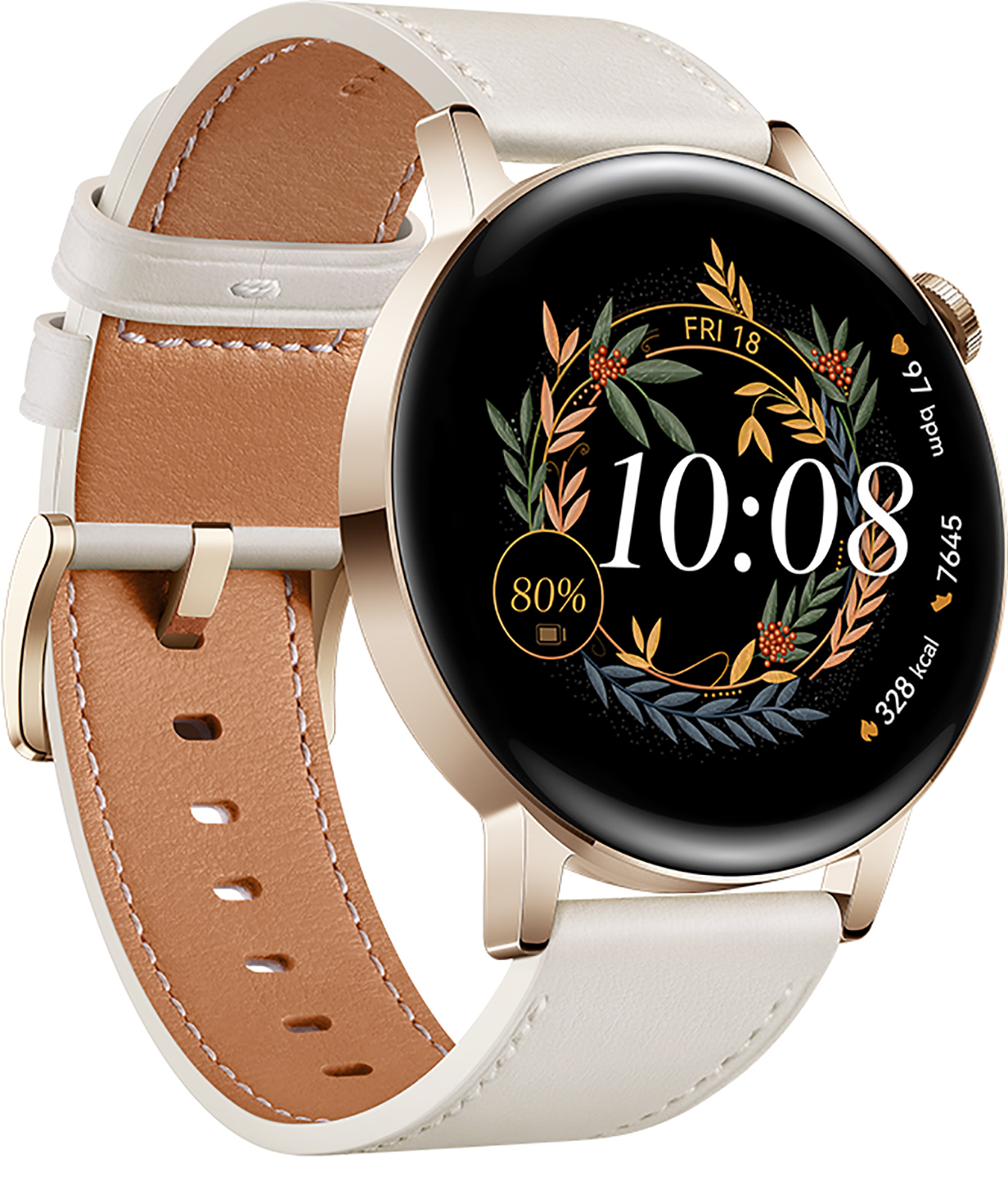 Gouden smartwatch met witte band. Het scherm toont tijd, datum en gezondheidsstatistieken.