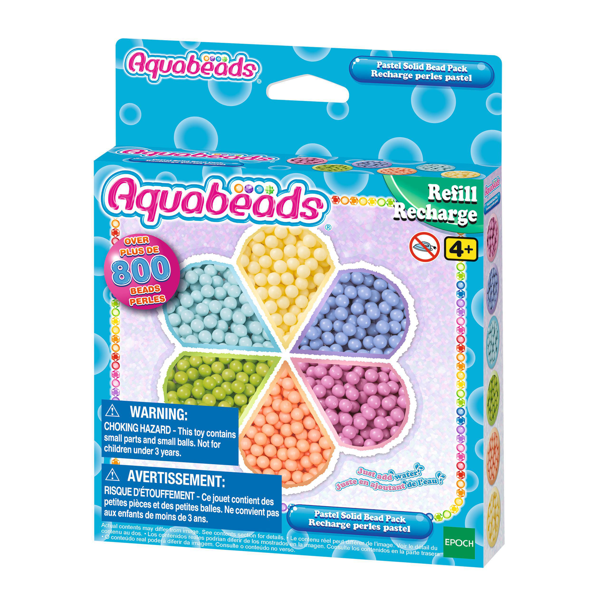 Aquabeads-Spielzeugbox mit bunten Perlen. Es zeigt eine Blume mit verschiedenen Farben.