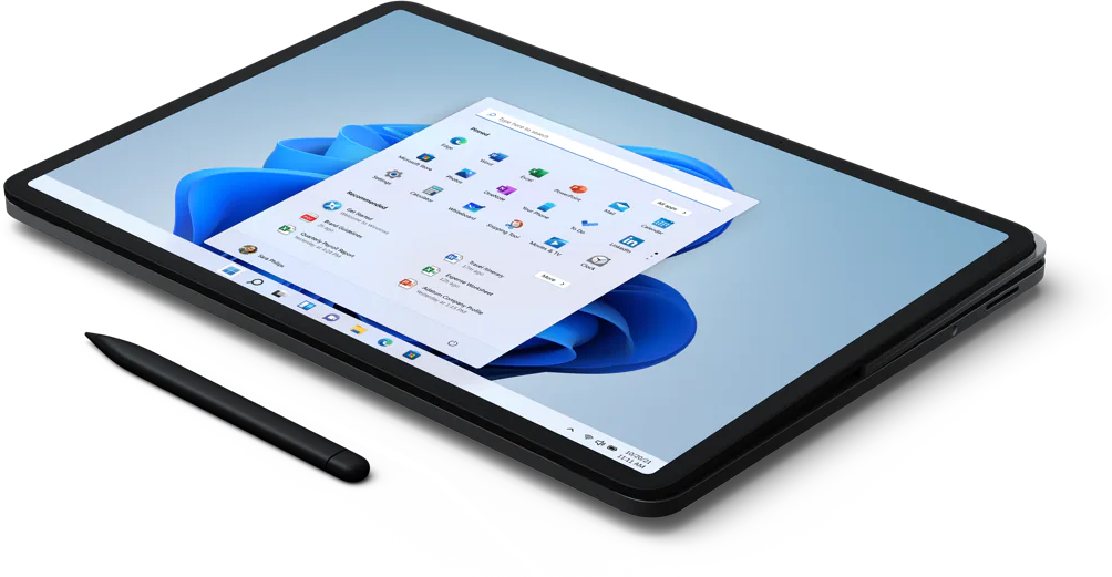 Schwarzes Tablet mit Stift und angezeigter Oberfläche. Weißer Hintergrund.