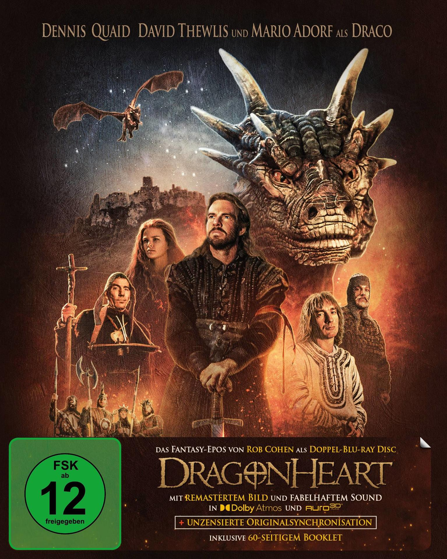 DragonHeart DVD-Cover: Drachenkopf, Menschen und eine Burg. Text: DragonHeart, mit Schauspielernamen.