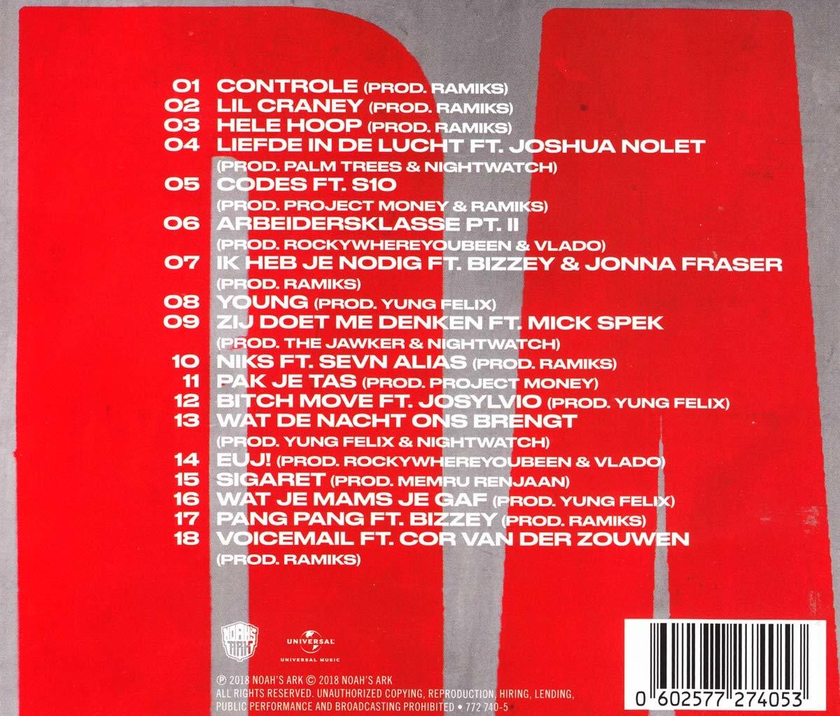 Une pochette de CD avec une liste de titres de chansons et de noms d'artistes sur fond rouge.