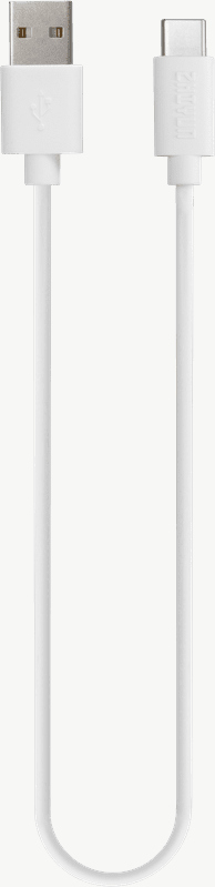 Witte USB naar USB-C kabel. Beide uiteinden zichtbaar op een witte achtergrond.