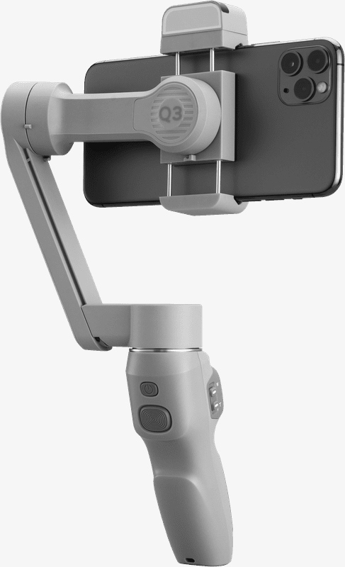 Grijze telefoonstabilisator met een telefoon bevestigd. Witte achtergrond.