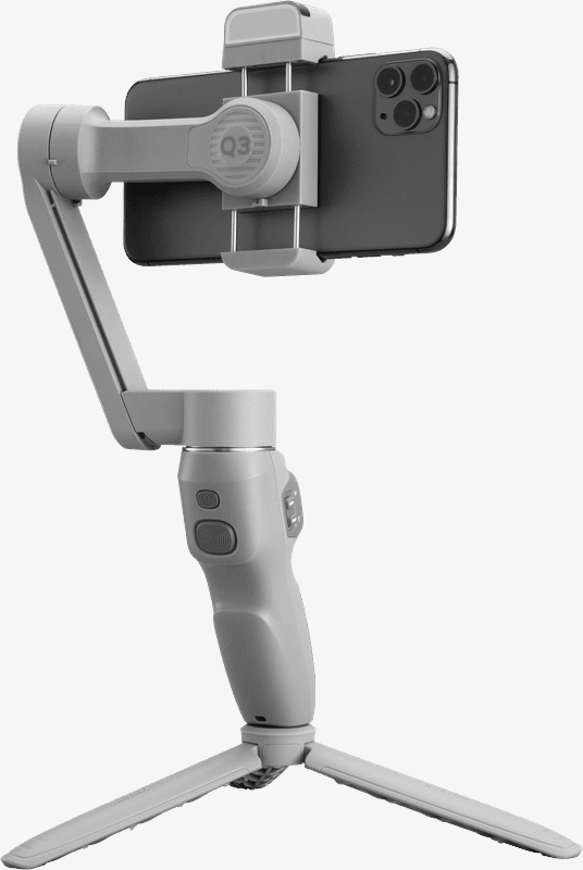Grijze telefoonstabilisator met telefoon. De telefoon is zwart. Statiefbasis.