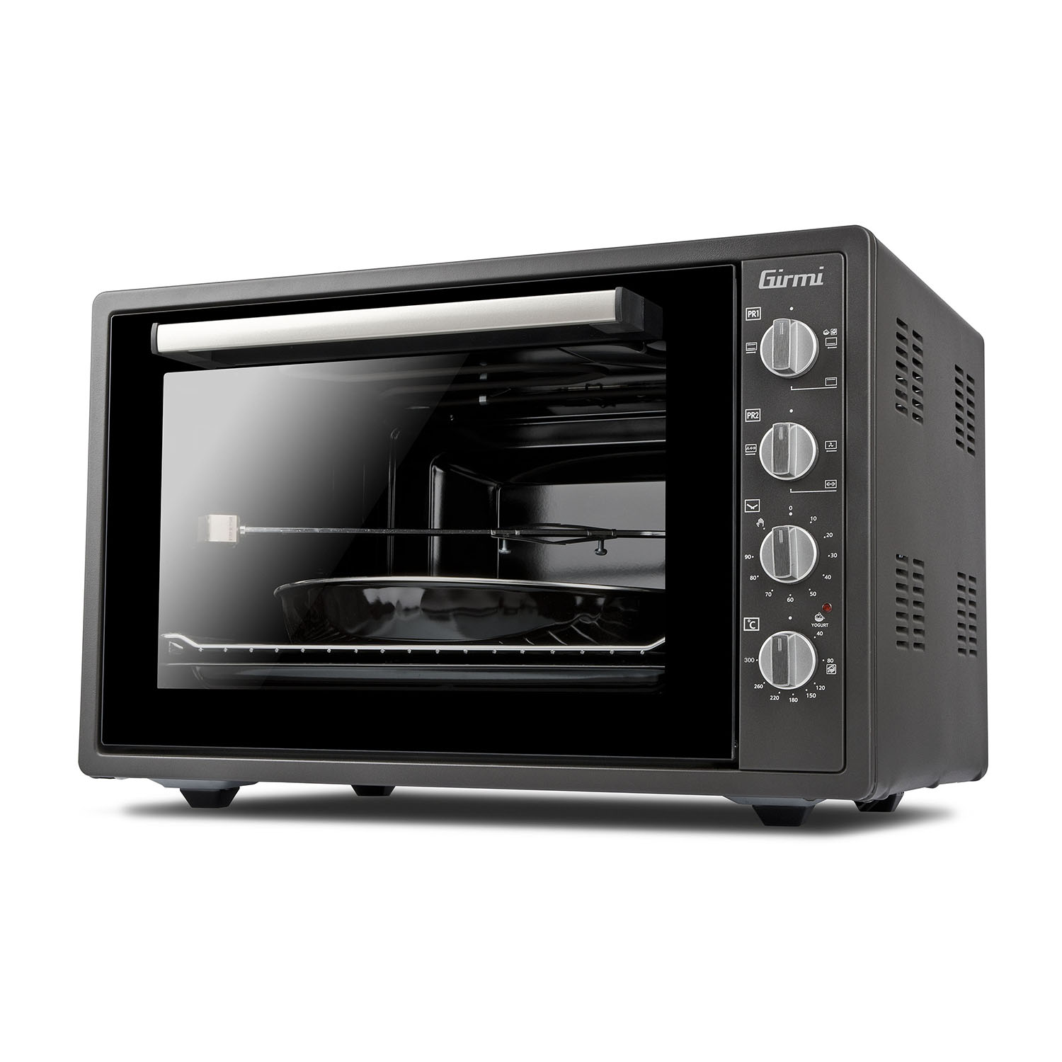 Forno nero. Ha una porta a vetro, manopole e una maniglia. Sfondo bianco.