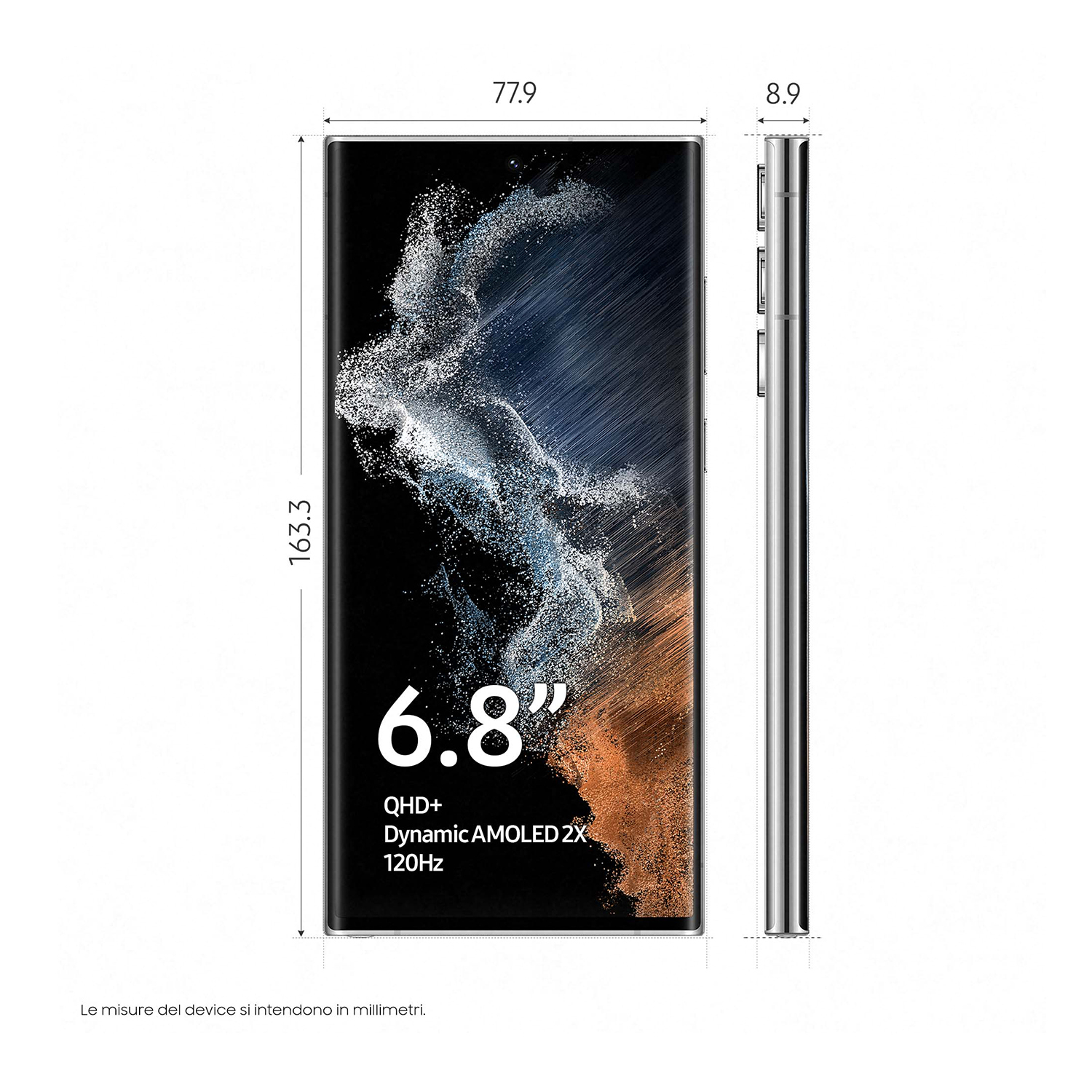Telefon mit Abmessungen. Displaygröße 6,8". Spezifikationen: QHD+, Dynamic AMOLED 2X, 120Hz.