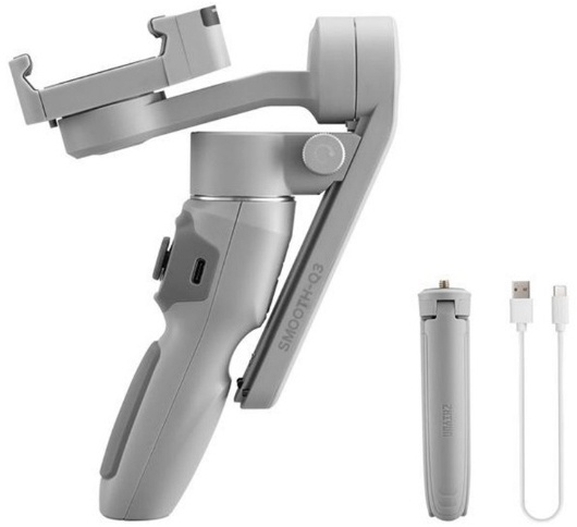 Grijze handheld gimbal met statief en kabels. Witte achtergrond.