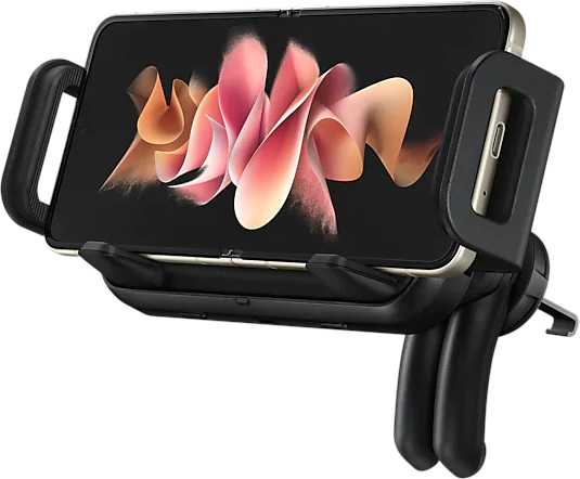 Un support de téléphone noir avec un téléphone à l'intérieur. Le téléphone a un écran coloré.