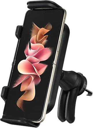 Support de téléphone noir dans une voiture, tenant un téléphone avec un écran.