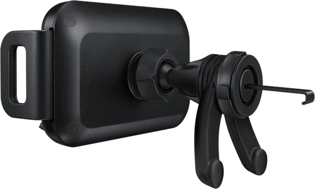 Un support de téléphone noir pour voiture. Il possède une pince et un pivot.