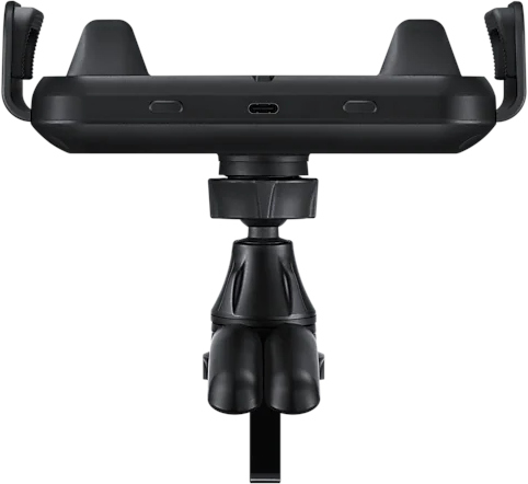 Un support de téléphone de voiture noir avec un port USB, vu de dessus.