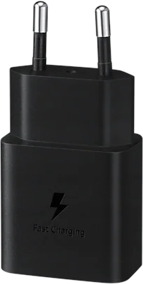 Black phone charger with two prongs. It has 'Fast Charging' text.