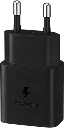 Black Samsung fast charging adapter. Two prongs. White background. Lightning bolt icon.