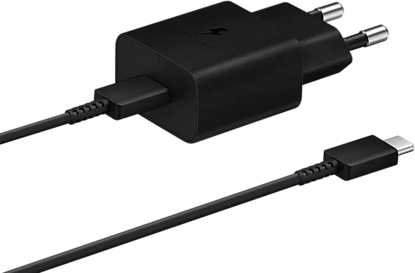 Black Samsung charger with a black cable. The charger has two prongs and a USB-C port.